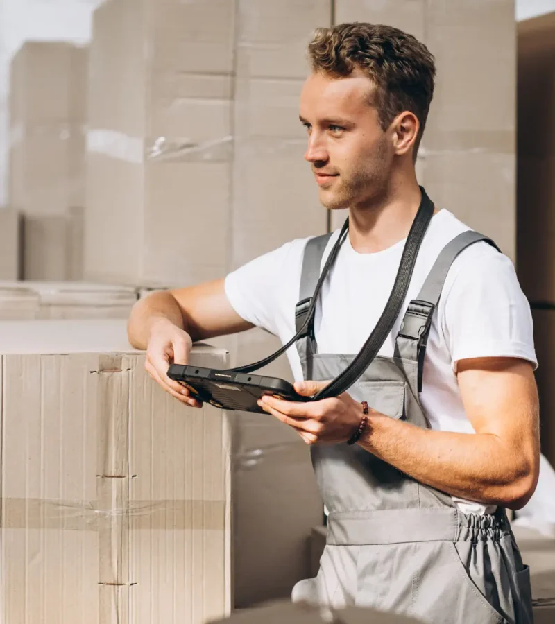 Young man working at a warehouse with boxes